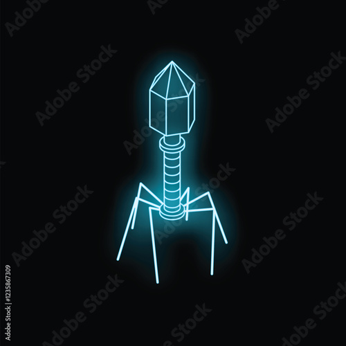 Glowing neon bacteriophage virus attacking bacteria, phage therapy concept