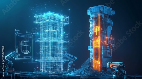 A futuristic scene where an old, dilapidated structure evolves into a glowing skyscraper, with virtual blueprints and robotic devices completing the transformation.