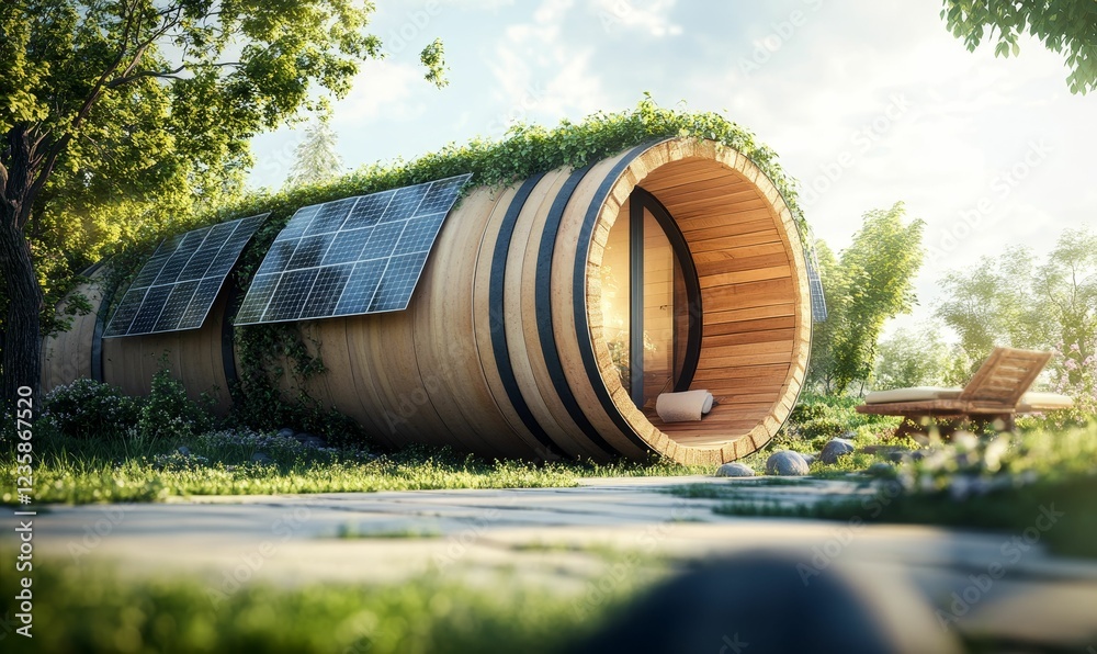 Eco-friendly barrel home, solar powered, serene garden. Eco-friendly barrel home, solar powered, serene garden.