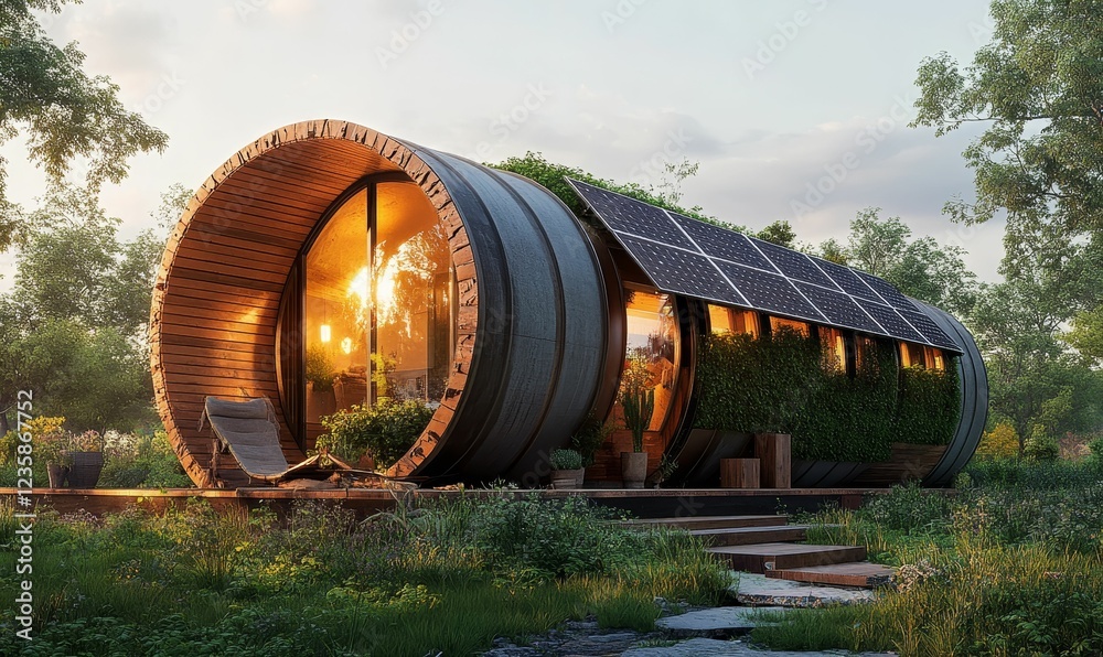 Eco-friendly barrel house sunset garden setting Eco-friendly barrel house sunset garden setting