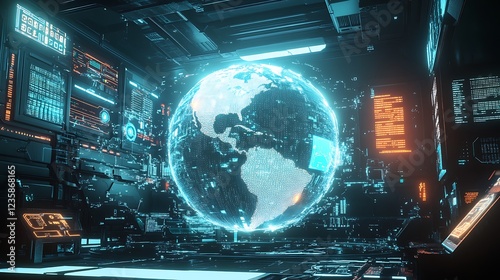 A futuristic scene with a giant digital Earth, glowing with data points, innovative technologies like AI and renewable energy systems displayed around it.