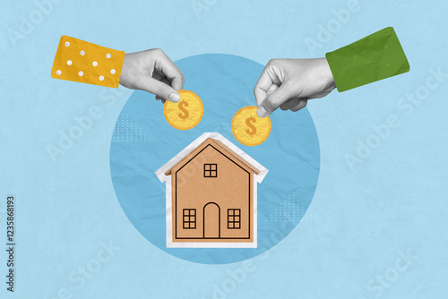 Housing, mortgage, money saving, real estate investment and residential building concept. Creative art collage of hands putting coin dollar to house money box of miniature house