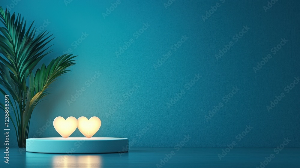 Fototapeta premium Two heart-shaped lights on a pedestal beside a palm plant against a blue wall., Valentine's Day concept