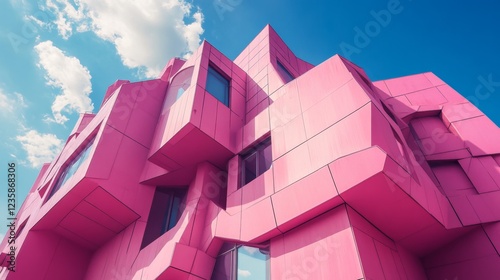 67.A low-angle view of a pink building with a bold, geometric shape. The focus is on the sharp edges and unique structure, with the sky above appearing vast and open. The building's pink faÃ§ade pops photo