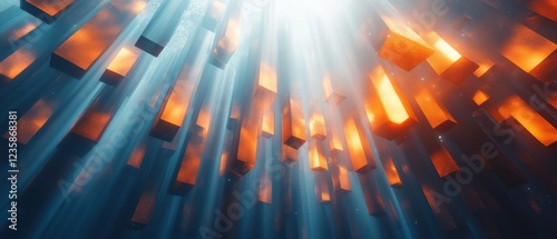 Dynamic light beams illuminating floating shapes digital environment abstract viewpoint photo