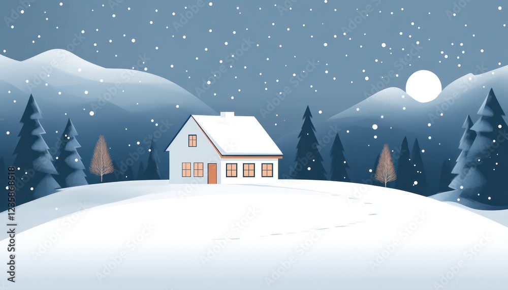 Fototapeta premium Snowy Night House Winter Mountain Scene