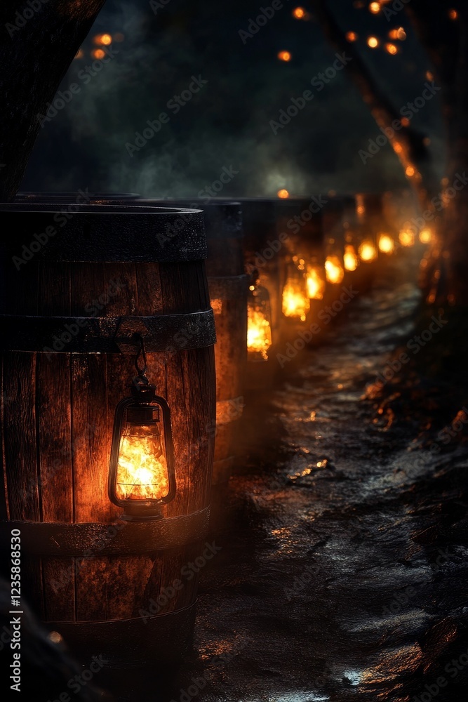 Obraz premium Illuminated barrels line a dark, mysterious path.