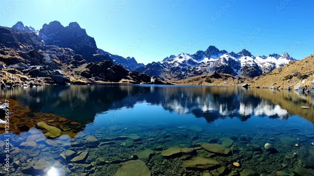 A breathtaking panorama of the Andes, featuring jagged peaks and a crystal-clear lake reflecting the mountain range A breathtaking panorama of the Andes, featuring jagged peaks and a crystal-clear lake reflecting the mountain range
