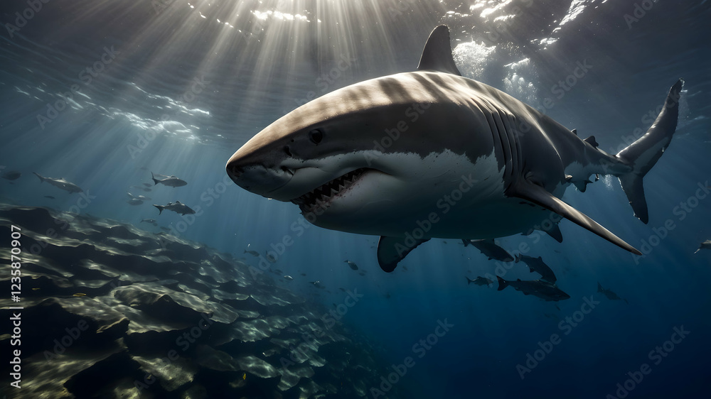 Fototapeta premium Powerful great white shark swimming through deep ocean waters with sunlight rays creating a dramatic effect