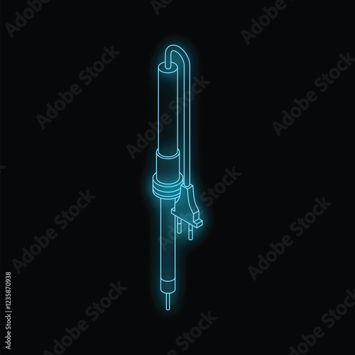 Electric soldering iron glowing with blue neon light, creating a futuristic and technological aesthetic on black background