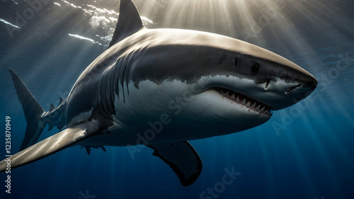 Close-up of a great white shark swimming in open ocean with sharp teeth and menacing eyes under sunlight photo