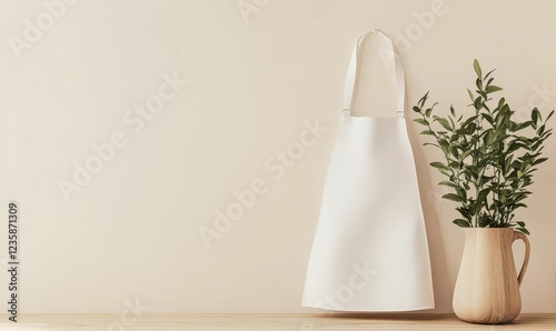 Blank apron hangs, plant in wooden vase