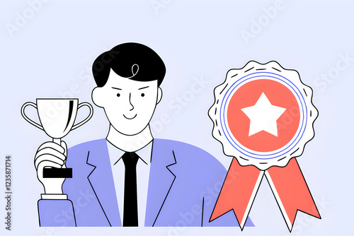 employee of the month award winner high performance champion gold medal reward success or victory recognition prize leadership or achievement concept success businessman holding trophy badge. photo