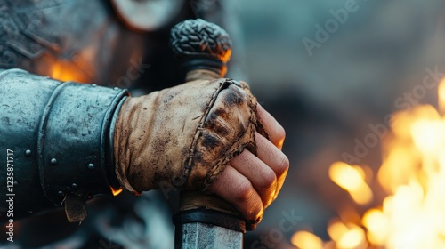 close-up of knight hand resting on pommel of his sword his armor reflecting light of flickering fire with copy space