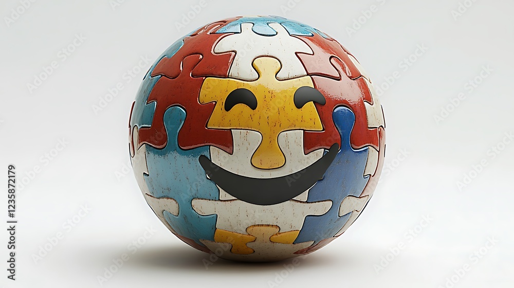 Puzzle sphere smiley face, abstract design, studio shot, educational concept, fun illustration Puzzle sphere smiley face, abstract design, studio shot, educational concept, fun illustration