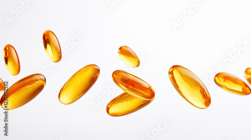 levitating horizontally large yellow capsules Omega 3 on white background