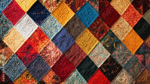 Colorful Patchwork Quilt with Various Textures and Patterns in a Warm and Cozy Arrangement, Perfect for Home Decor and Craft Projects