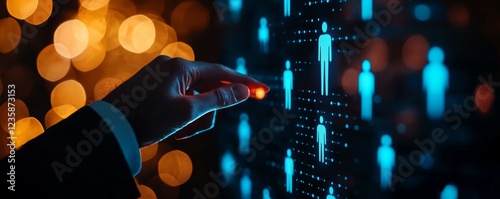 A hand touches a digital interface displaying glowing human figures against a blurred, colorful background, symbolizing technology and connectivity.