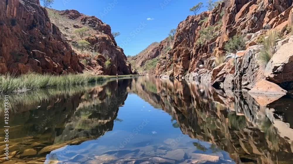 A tranquil river winding through a canyon, with steep, red rock walls and a clear blue sky above
