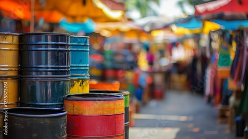 Colorful barrels line vibrant market street photo