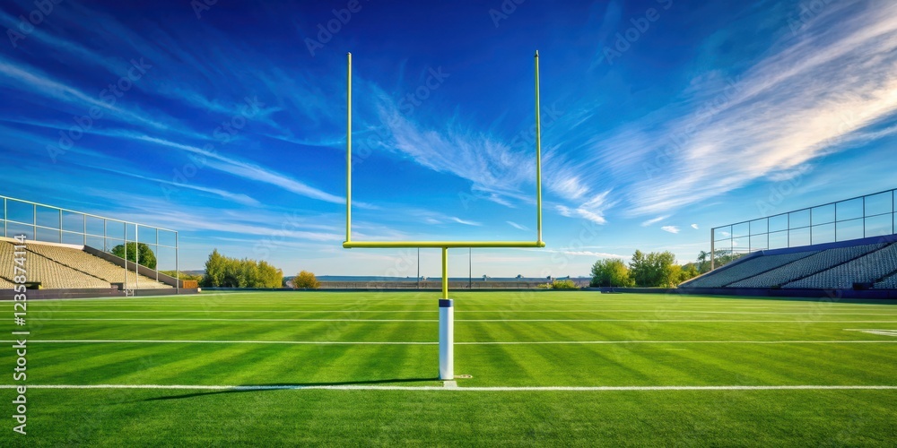 Football field with goalposts and a clear blue sky background, football field, sports equipment
