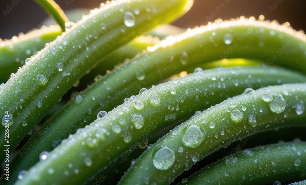 Close-up of fresh green beans with water droplets Close-up of fresh green beans with water droplets