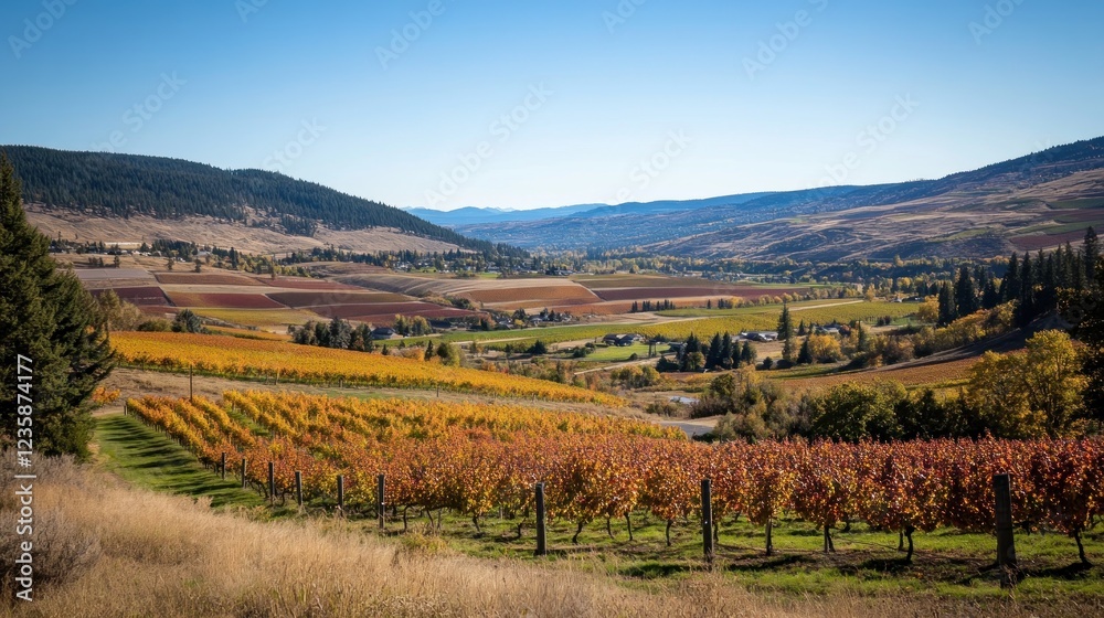 Fototapeta premium A picturesque vineyard landscape with rolling hills and autumn foliage.