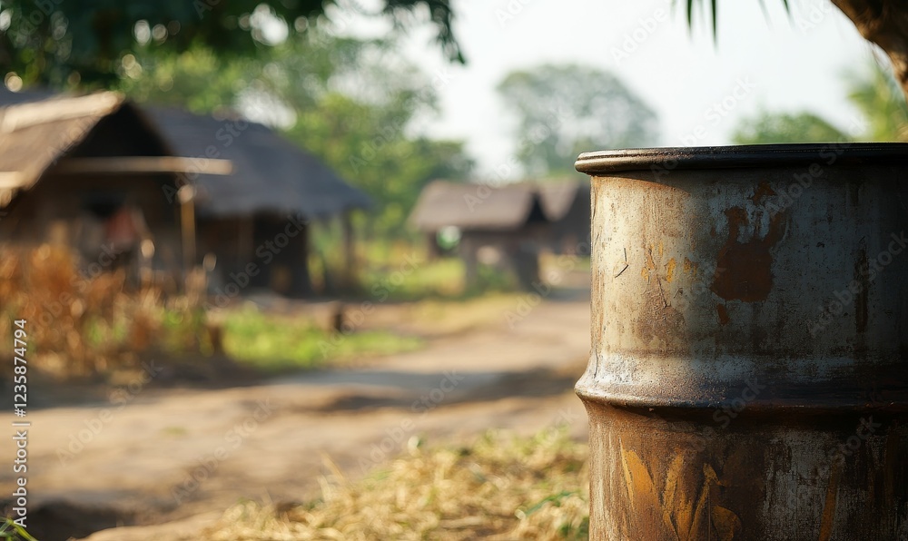 Rustic barrel, village background, sunlit path. Rustic barrel, village background, sunlit path.