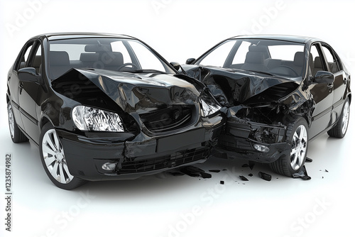 Damaged cars in collision, showcasing chaos and destruction. scene captures aftermath of accident, highlighting impact and severity of crash