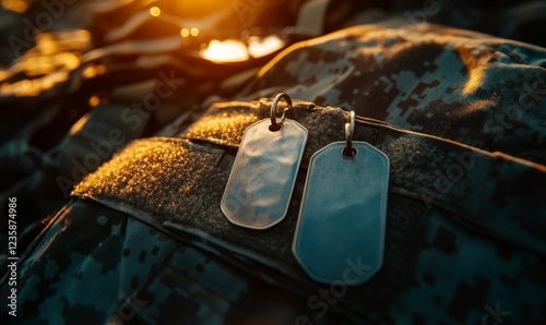 Military dog tags rest on camouflage uniform sunset light