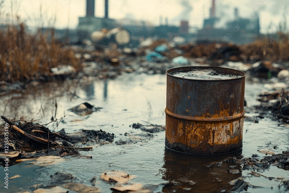 Rusty barrel sits in polluted water near factory Rusty barrel sits in polluted water near factory