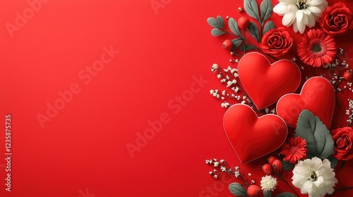 Red hearts, flowers, Valentine's Day card background