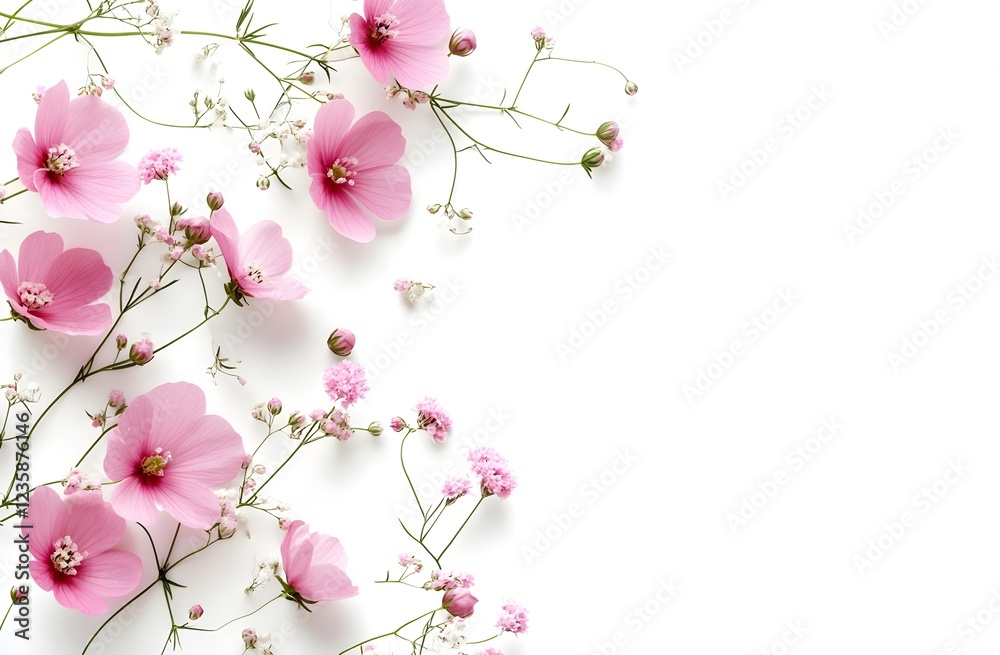 Naklejka premium Flowers composition. Pink flowers on white background. Flat lay, top view