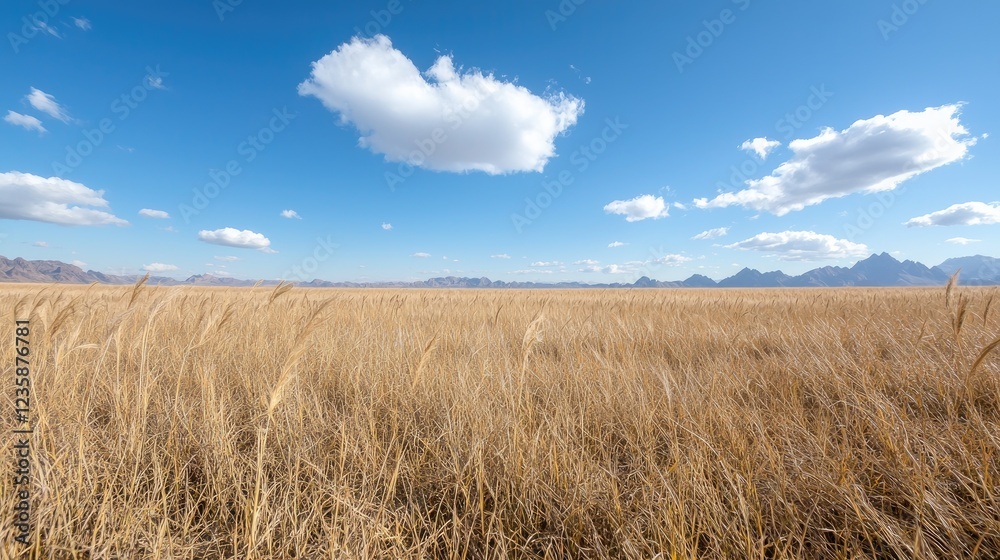 Golden grassland under blue sky, mountains backdrop. Ideal for nature documentaries Golden grassland under blue sky, mountains backdrop. Ideal for nature documentaries