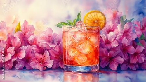 Iced tea, lemon, mint, flowers, spring. Drinks, summer refreshment