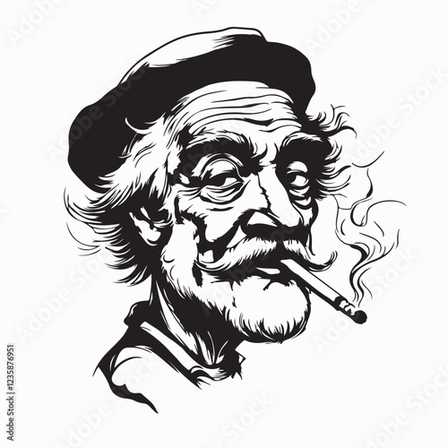 Portrait of an Elderly Artist Smoking with a Thoughtful Expression vector image.