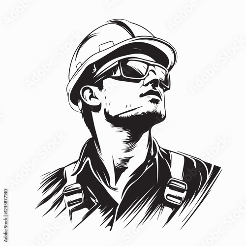 Confident construction worker image vector. Black and white Confident construction worker.