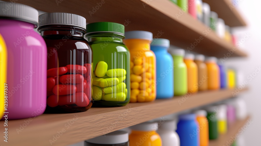 Colorful Pills and Capsules On Wooden Shelves Colorful Pills and Capsules On Wooden Shelves