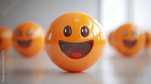 3D orange smiley face in focus, others out of focus, light background. Use for digital illustration photo