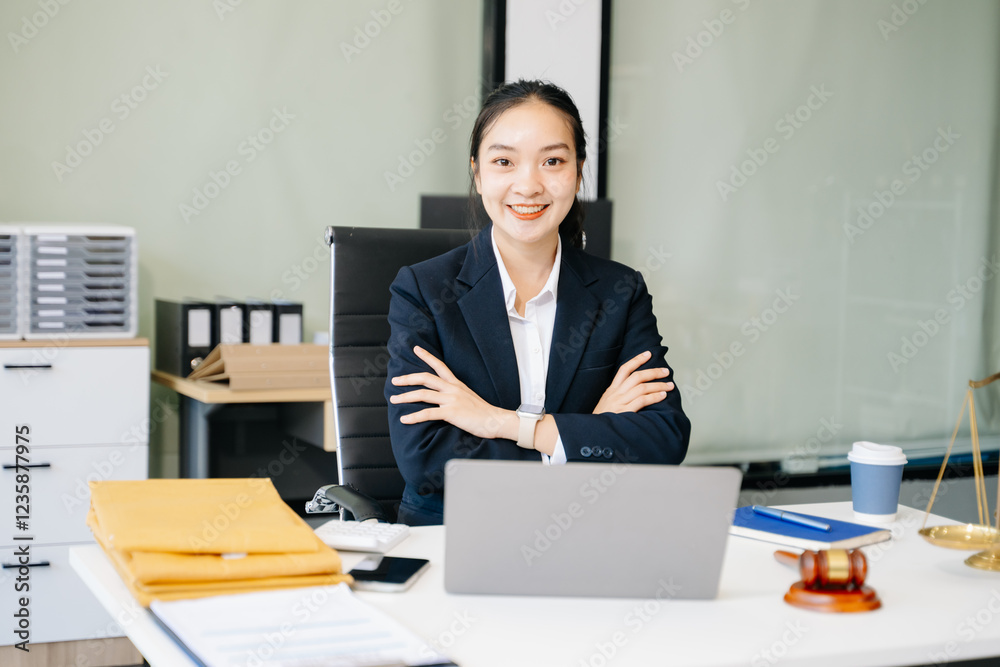 female lawyer celebrating success with documents at a desk, featuring a gavel, scales of justice, female lawyer celebrating success with documents at a desk, featuring a gavel, scales of justice,