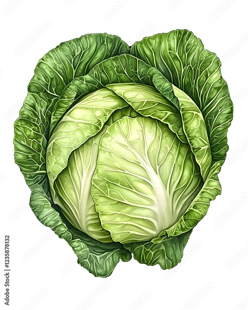Obraz premium Fresh Green Cabbage with Vibrant Leafy Texture on White Background