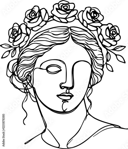 head of the antique goddess , line art for the design of clothing, furniture, dishes, posters and placard