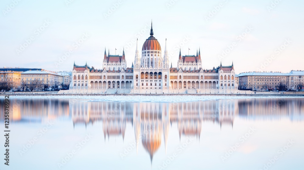 Naklejka premium Hungarian Parliament Building winter reflection, Danube, Budapest