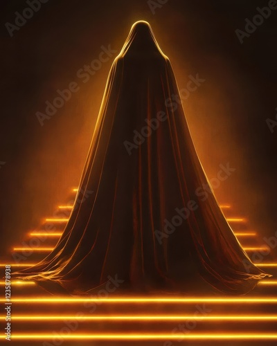 Ghostly figure at the top of glowing staircase horror poster dark environment eerie viewpoint spooky concept photo