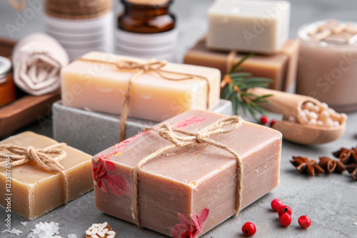 A collection of handmade artisan soap bars tied with rustic twine, placed on a textured surface with natural ingredients like berries, spices, and bath salts, evoking a luxurious spa experience.  
 photo