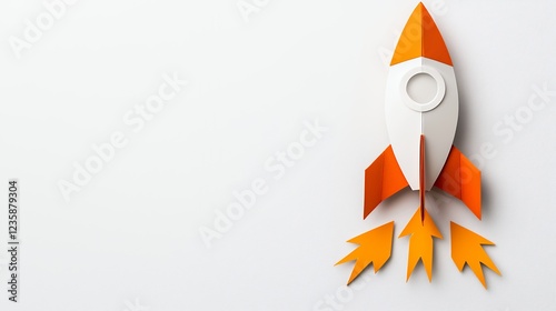 Orange Paper Rocket Launching On White Background