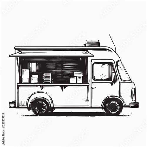 Food truck side view with food and drink image vector isolated on white background.