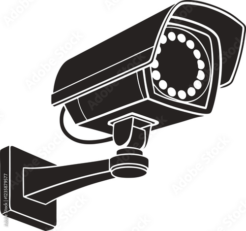 Silhouette of a security surveillance camera mounted on a wall. Vector illustration of a security camera mounted on the wall of a building 