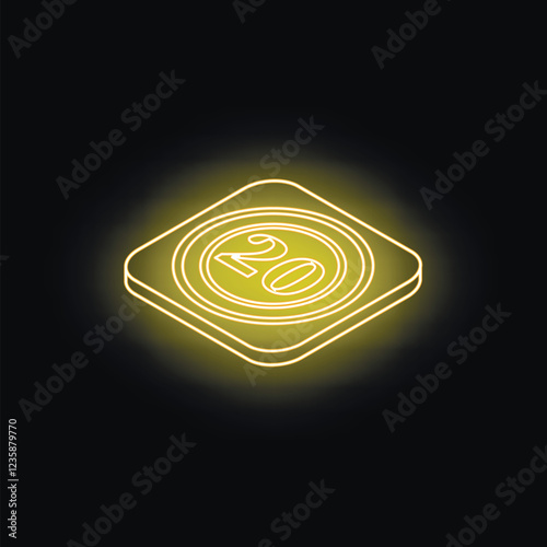 Glowing neon yellow twenty speed limit sign on a rounded square plaque on black background