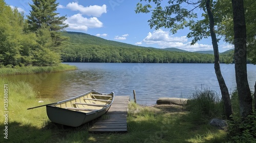 Tranquil Lakeside Summer Scene With Tan Canoe On Wooden Dock